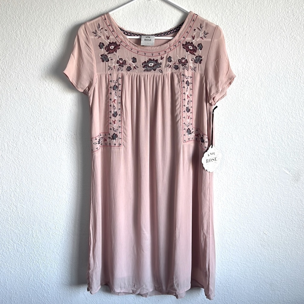 Knox Rose Womens XS Dress Pale Pink Floral Embroidered Cap Sleeve baby doll